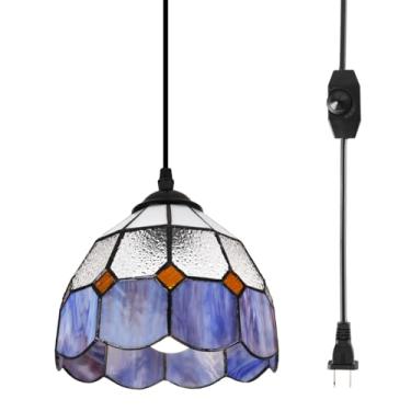 Imagem de HuisMier Luminária pendente estilo Tiffany, lâmpada suspensa de vidro manchado de 3,8 m com interruptor liga/desliga regulável, lâmpada de teto vintage Swag para sala de jantar, sala de estar, quarto