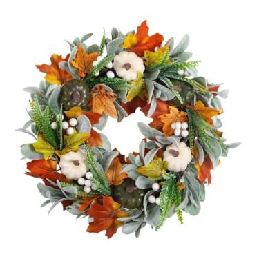 Imagem de Bothyi Guirlanda de outono para porta da frente, folhas de bordo artificiais, guirlanda de 45 cm, abóboras de espuma, de colheita para lareira,