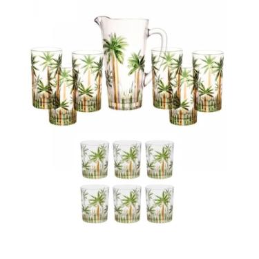 Imagem de Conjunto de Jarra e Copos Palm Tree, Vidro com Estampa de Coqueiros, 13 Peças, Jarra 24cm e 6 Copos Alto 330ml, + 6 Copos Baixo 340mlTransparente e Verde