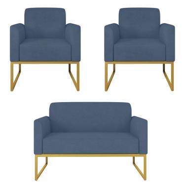 Imagem de Kit Namoradeira e 2 Poltronas Decorativas Base Industrial Dourada Maressa S04 Suede Azul Marinho - Ibiza