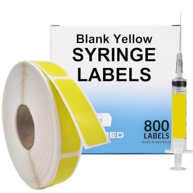 Imagem de Etiquetas de seringa médica amarelas em branco - 800 etiquetas de medicamentos escritas em rolo em caixa de distribuição. Adesivos permanentes fortes e sem látex.