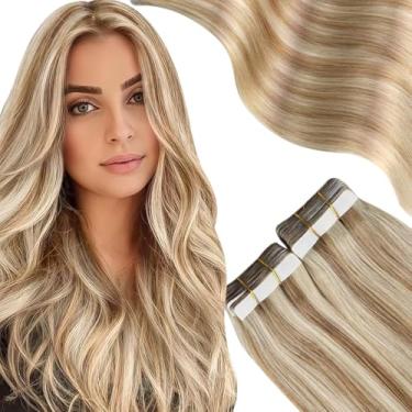 Imagem de Moresoo Tape In Hair Extensions Human #6/60 Castanho Médio Com Mechas Loiro Platinado Sedoso E Liso Remy, Fashion Real Invisível Grosso 20 Peças 50G 18 Polegadas
