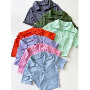 Imagem de Cropped Feminino em Ribana Gola Polo Manga Curta - Lala Closet, Lilás,