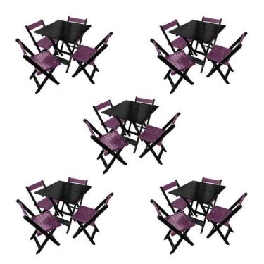 Imagem de Kit 5 Mesas De Madeira Dobrável Preto 70x70 Com 4 Cadeiras Dobráveis R