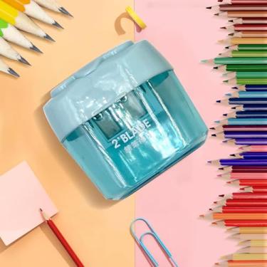 Imagem de Apontador manual de lápis de orifício duplo com tampa para escritório em casa, apontador de giz de cera de plástico portátil - azul