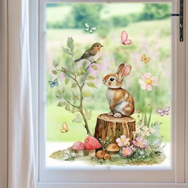 Imagem de Adesivos de janela de coelho e borboleta - Decalques estáticos reutilizáveis de 38 x 30 cm | Adesivo de jardim de primavera para porta de vidro/varanda