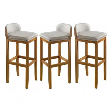 Imagem de Jogo Cozinha Americana 3 Banquetas Detalhe Em Couro Estofado E Encosto Em Linho Premium Pé Madeira