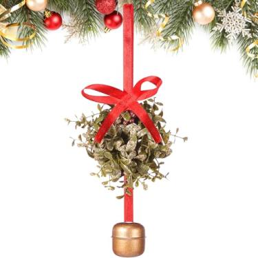 Imagem de Knitgrip Bola de beijo de visco de Natal com glitter com enfeite de sino com laço e frutas silvestres decoração artificial de visco para decoração de luz de teto de entrada (vermelho, fita de cetim)