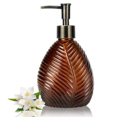 Imagem de Dispensador de sabonete para as mãos para banheiro, dispensador de loção de vidro transparente, frasco de 540 ml com listras de folhas decorativas com bomba de plástico recarregável à prova de