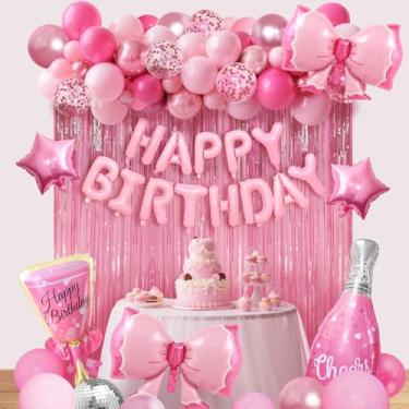 Imagem de Decorações de aniversário rosa para mulheres e meninas, borboleta de confete de látex rosa metálico, estrela, balões de garrafa de vinho, faixa de feliz aniversário, cortinas de franja para artigos de