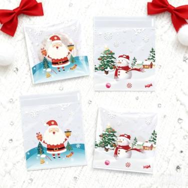Imagem de 100 unidades de sacos de doces de Natal de 12,7 x 10 cm - celofane autoadesivo | Para doces, donuts, chocolate e biscoitos | designs de Papai Noel e boneco de neve | Perfeito para lembrancinhas de