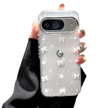 Imagem de EYZUTAK Capa para Google Pixel 7a, capa de telefone com laço 3D com glitter fofo e brilhante laço transparente capa protetora fina macia durável TPU transparente para mulheres - laço branco