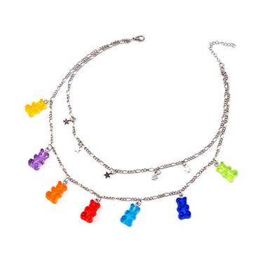 Imagem de Colar com pingente de urso de resina gótica punk em camadas N/Q com pingente de urso com pingente de corrente de rock hip hop colorido transparente para mulheres e meninas