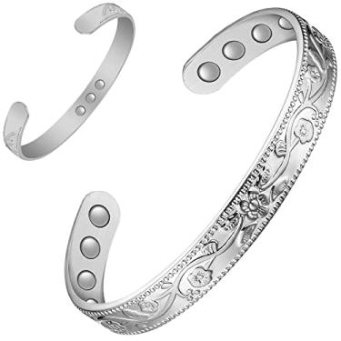 Imagem de Feraco Pulseiras de cobre para mulheres, pulseira magnética de cobre 99,99% puro com 11 ímãs de neodímio, pulseiras ajustáveis com caixa de presente, flor vintage (prata)