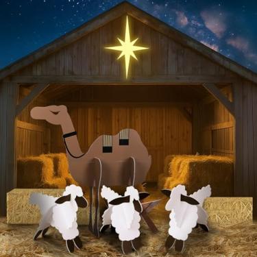 Imagem de Epakh Conjunto de 4 peças de presépio de Natal 3D 150 x 129 cm, placas de camelo, cordeiro, nascimento de Jesus, fundo animal, presépio para decoração religiosa da sagrada família, adereços