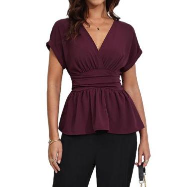 Imagem de Blusa feminina Milumia com decote em V, manga curta, babado