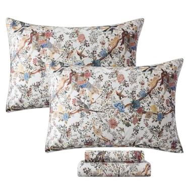 Imagem de FADFAY Jogo de lençol Cal King Shabby botânico pássaro floral coleção vintage mocha mousse ramos de cama 100% algodão egípcio respirável macio 45 cm bolso profundo 4 peças, California King Size