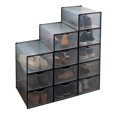 Imagem de Simplify Conjunto de 12 caixas de sapatos empilháveis | Personalizáveis | Serve em sapatos tamanho 43 | Design frontal | Armazenamento de armário | Tênis | Saltos | Transparente e Preto