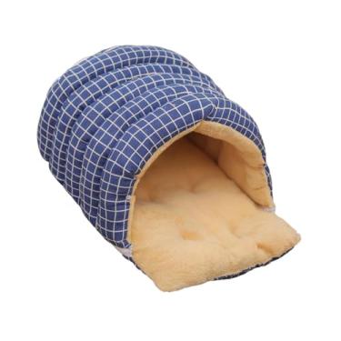 Imagem de IEUDNS Cama toca de inverno semi-fechada de pelúcia para gatos, versátil para felina, cama leve e quente para filhotes, 55×40×30cm, Azul