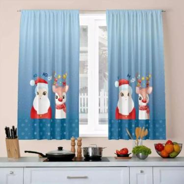 Imagem de Cortina de Cozinha Natal Tamanho 2,00 x 1,36 Passa Varão ou Passabarra Tecido Poliéster Não amassa e Não encolhe (Feliz Natal) (Papai Noel Azul)
