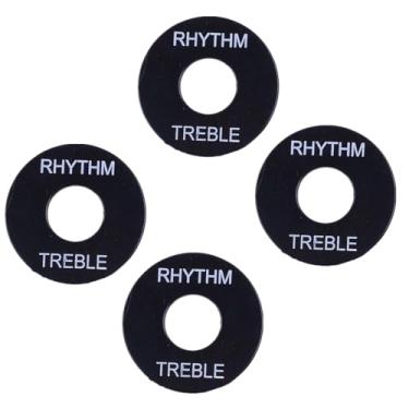 Imagem de Conjunto de 4 arruelas autoadesivas para placa de interruptor de guitarra LP - preto com palavras brancas, anéis de interruptor captador para guitarras elétricas estilo Les Paul dos EUA, ideal para