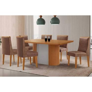 Imagem de Conjunto Sala de Jantar Pilar c/ Tampo Madeirado Canto Curvo 180x90cm e 6 Cadeiras Dakota Madeira Maciça Naturale/Off White - Capuccino/Suede Capuccin