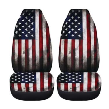 Imagem de Xoenoiee Capas de assento de carro retrô bandeira americana pacote com 2 capas de assento dianteiro, protetor de almofada de assento concha de 4 de julho, padrão de bandeira patriótica, universal