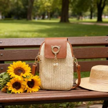 Imagem de Bolsa transversal de palha para mulheres, bolsa tiracolo decorativa de pérolas com alça ajustável para férias e passeios de verão