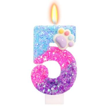 Imagem de FAMGift Velas fofas de aniversário de pata – Vela número 5, topo de bolo de pata de gato e cachorro, decorações de aniversário com tema de desenho animado para meninos e meninas