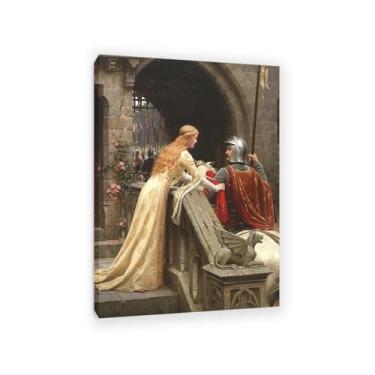 Imagem de Edmund Leighton impressão em tela God Speed por reproduções de pinturas famosas Edmund Leighton pôster arte de parede para sala de estar quarto decoração de parede 100 x 70 cm (83.8x71.1 cm) moldura