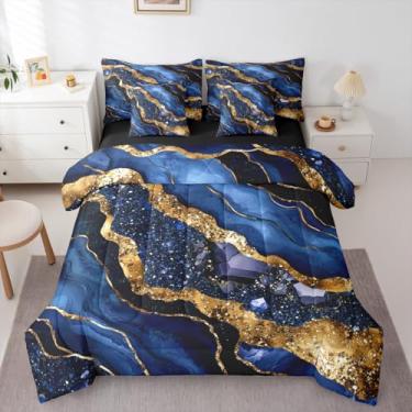 Imagem de Erosebridal Jogo de cama de casal de mármore em uma bolsa, 7 peças, dourado, azul-marinho, com lençóis, estética, conjunto de cama marmorizado, para crianças e adultos, conjunto de cama abstrata em