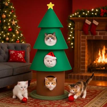 Imagem de Leinuosen Árvore de Natal para gatos de 150 cm para ambientes internos com 3 condomínios de 1,5 m, móveis de torre de gato de altura com topo de estrela, brinquedo de bola pendente para gatinho