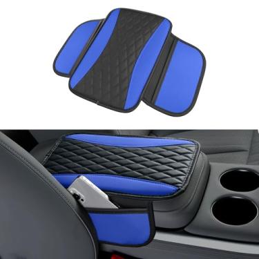 Imagem de Tioollev Capa de console central de carro de couro patchwork, almofada protetora de braço de couro de microfibra com 2 sacos de armazenamento, almofada universal de apoio de braço de carros para SUV