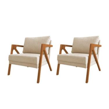 Imagem de Kit 2 Poltronas Mona Luxo Base Madeira Maciça Linho Bege - FEITO PRA M
