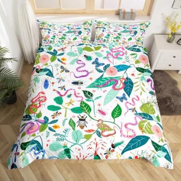 Imagem de Conjunto de capa de edredom de cobra colorida, tamanho Queen, conjunto de cama botânico tropical, 3 peças para decoração de quarto de crianças, meninas, meninos, mulheres, folhas de palmeira verde
