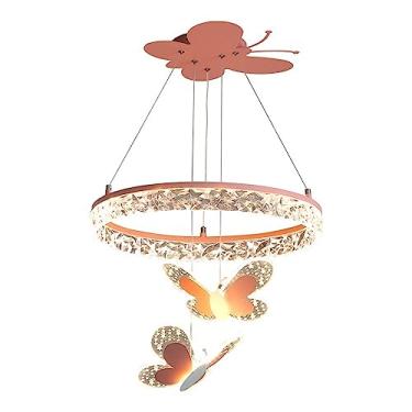 Imagem de Lustre de cristal borboleta rosa moderna luz suspensa de cristal redondo com pingente de borboleta montagem embutida LED luz pendente regulável, para quarto de crianças (cor: rosa)
