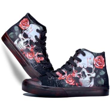 Imagem de GXZUORUI Sapatos de caveira gótica para mulheres, tênis masculinos pintados à mão, graffiti, punk, cosplay, hip hop, adolescentes, meninos, meninas, estudantes, casual, caminhada, streetwear, Vermelho