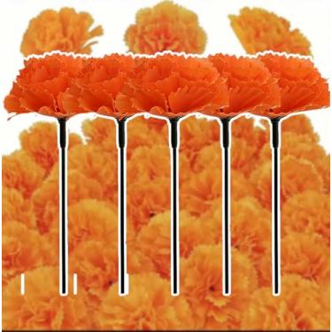 Imagem de 10 peças de flores artificiais de calêndula, flores de calêndula de seda com hastes, flores artificiais para decoração de Diwali, casamento indiano, casa, guirlanda de guirlanda DIY (laranja, 15 cm)