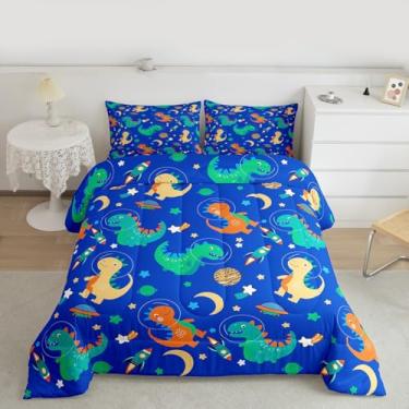 Imagem de Erosebridal Conjunto de edredom infantil Queen com dinossauro, astronauta, dinossauro, universo, para meninos e meninas, foguete, galáxia, lua e estrelas, decoração de quarto com 2 fronhas