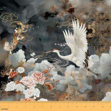 Imagem de Erosebridal Tecido de estofamento de guindaste branco por jarda, pintura de tinta de nuvens de flores, tecido decorativo chinês para costura acolchoada, decoração de ondulações douradas para