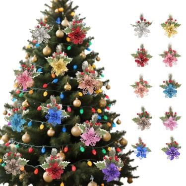 Imagem de Conjunto de 12 enfeites de Natal em forma de poinsétia da AQWS,Flores Artificiais Decorativas,Decoração de Natal,Flores Artificiais de Natal com Clipes para Decoração Floral de guirlanda