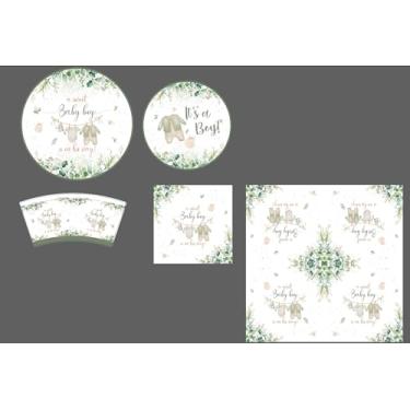 Imagem de Gudvilla Conjunto de 168 peças de decoração de chá de bebê verde sálvia, pratos de chá de bebê, copos e guardanapos para meninos serve 24