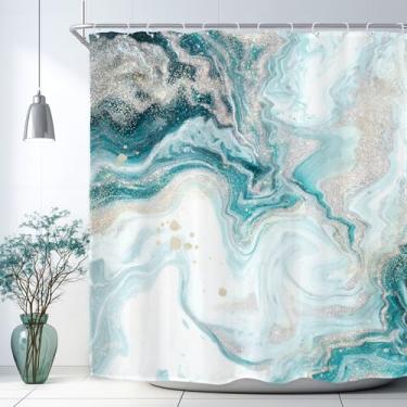 Imagem de Riyidecor Cortina de chuveiro azul-petróleo em mármore aqua abstrata turquesa ombré impressa com textura luxuosa arte estética tecido poliéster impermeável, pacote com 12 ganchos de plástico para