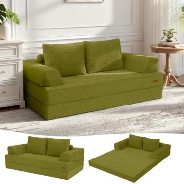 Imagem de COMAX Sofá-cama Queen conversível, sofá dobrável de veludo cotelê dobrável futon, colchão com travesseiros, sofá desossado confortável para sala de estar e quarto