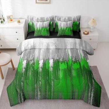 Imagem de Erosebridal Jogo de cama King com estampa de patchwork cinza e branco, verde, 7 peças, arte abstrata contemporânea, ombré, para adolescentes, homens e mulheres
