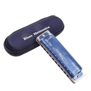 Imagem de Gaita diatônica profissional 10 furos azul com estojo profissional para adultos iniciantes (D)