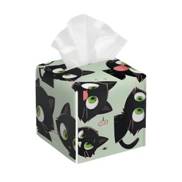 Imagem de Capa quadrada de couro para caixa de lenços à prova d'água, gato, fofo, preto, engraçado, organizador de papel facial com cinto inferior, estojo de lenços para mesa, banheiro, escritório, mesa, carro