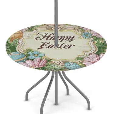 Imagem de hongjinglin Toalha de mesa de Páscoa para uso ao ar livre com orifício para guarda-chuva, toalha de mesa redonda elástica com zíper, impermeável, limpável, para piquenique, festa, pátio, serve para