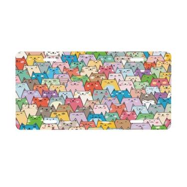 Imagem de Placa de licença colorida fofa com estampa de gato para placas de carro dianteiras de alumínio metal adequado para caminhão placa de porta de carro bar café acessórios automotivos para homens mulheres
