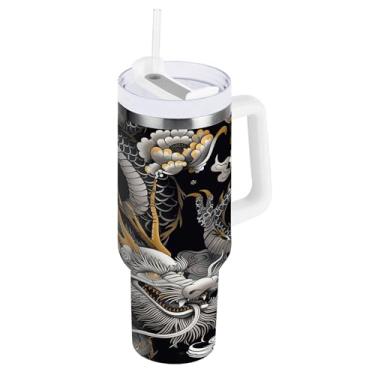 Imagem de xigua Copo vintage com estampa de dragão 1,134 g com tampa e canudo, aço inoxidável de vácuo duplo isolado garrafa de água esportiva suporte para copo de café de viagem à prova de vazamento para